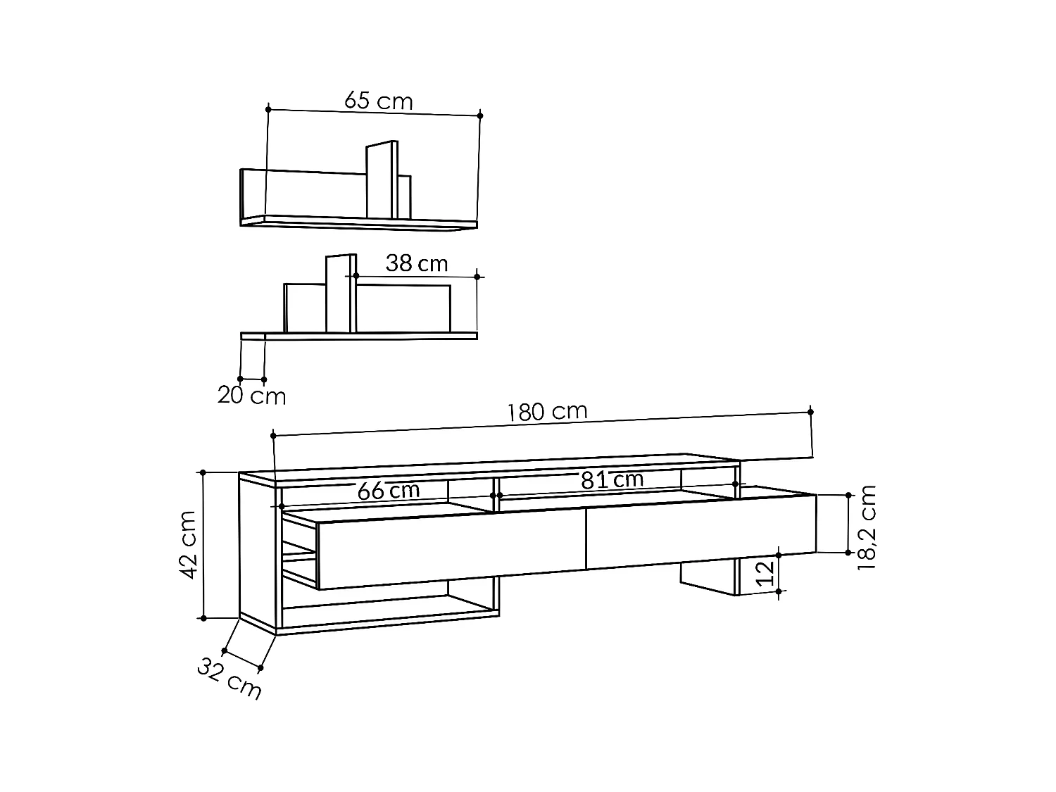 TV-Möbel mit 2 Türen und 2 Wandregalen L180 cm - Gara