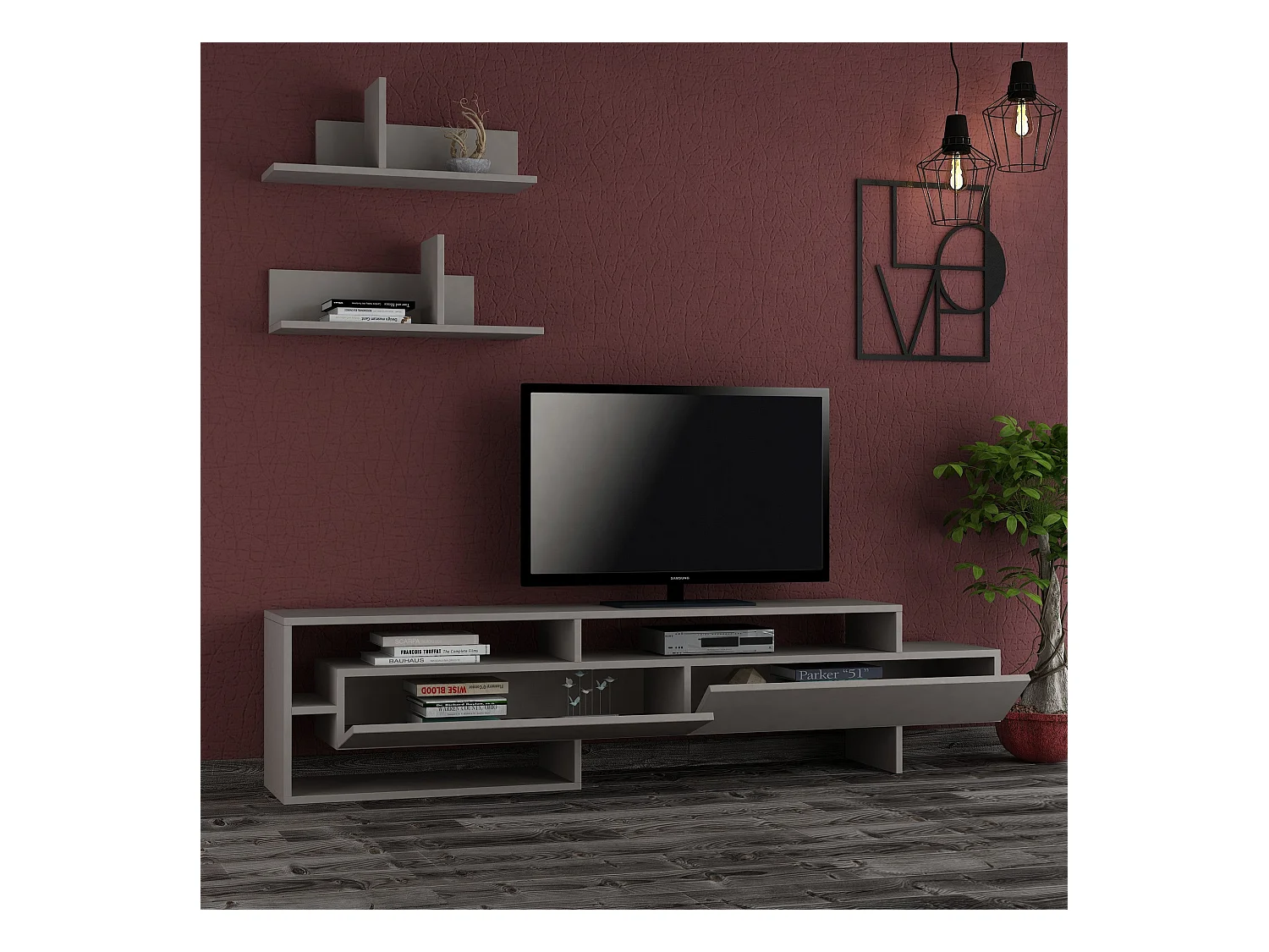 TV-Möbel mit 2 Türen und 2 Wandregalen L180 cm - Gara