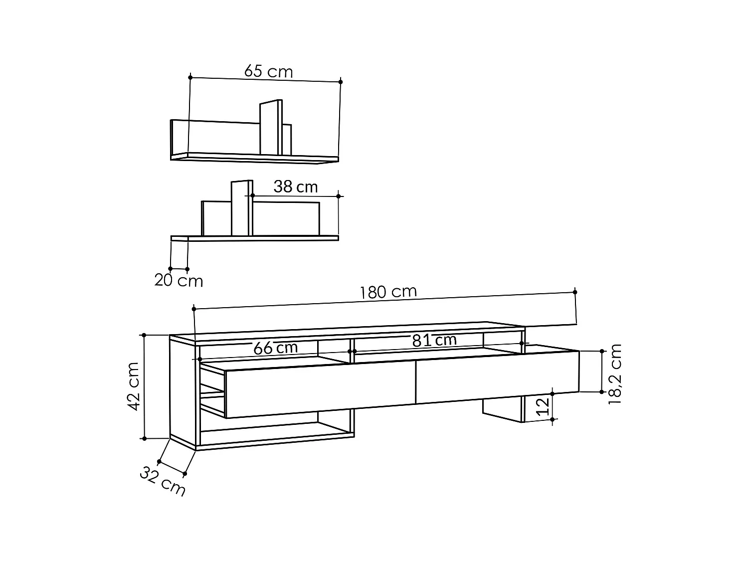 TV-Möbel mit 2 Türen und 2 Wandregalen L180 cm - Gara