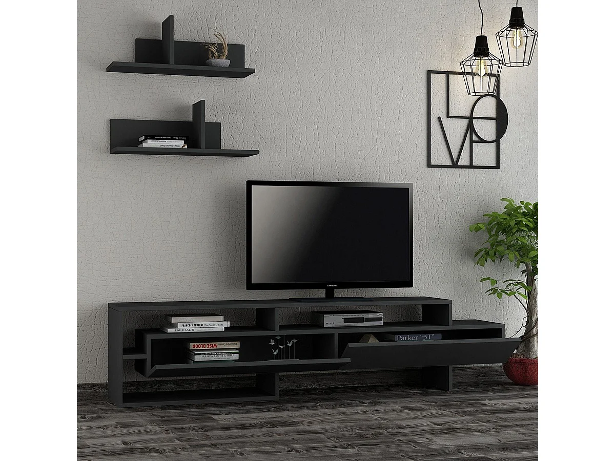 TV-Möbel mit 2 Türen und 2 Wandregalen L180 cm - Gara