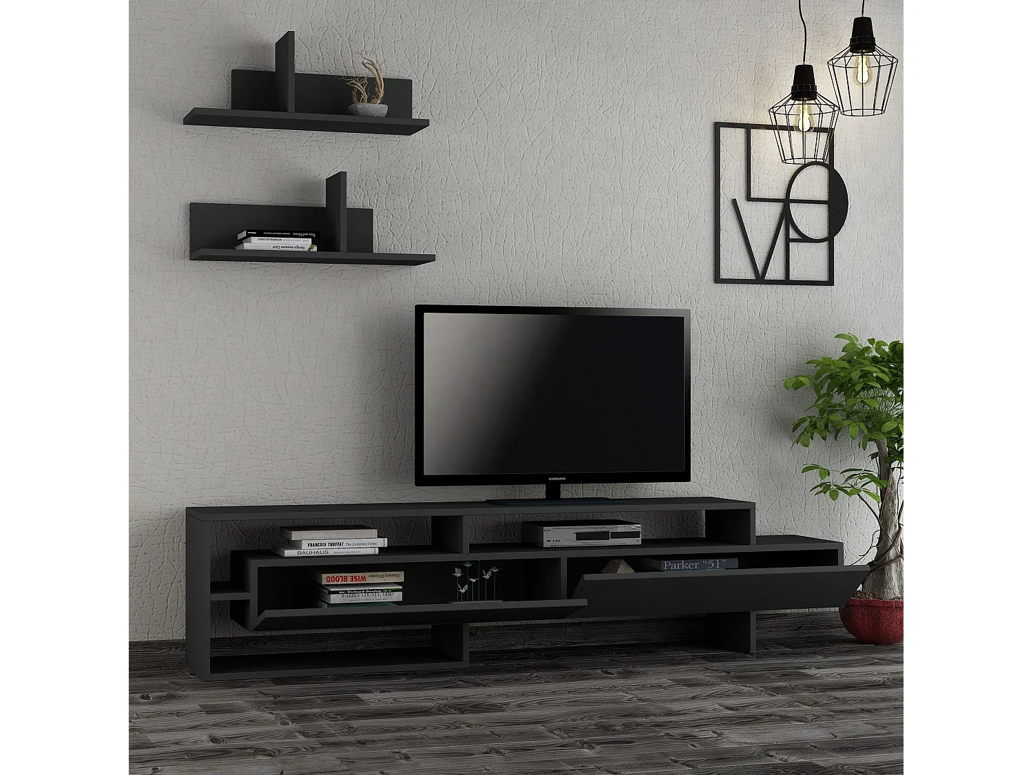 TV-Möbel mit 2 Türen und 2 Wandregalen L180 cm - Gara