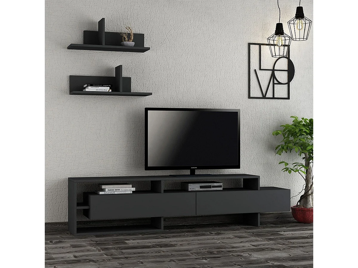 Meuble TV 2 portes avec 2 étagères murales L180 cm - Gara