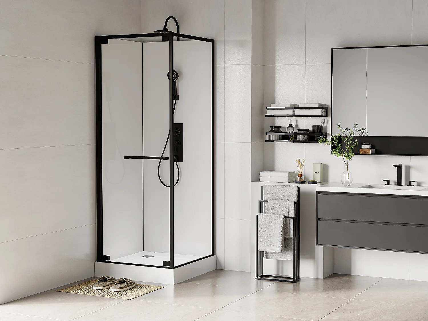 Cabine de douche installation réversible - Hauteur ajustable - Blanc et noir - L80 x l80 x H209/225 cm - BADONI