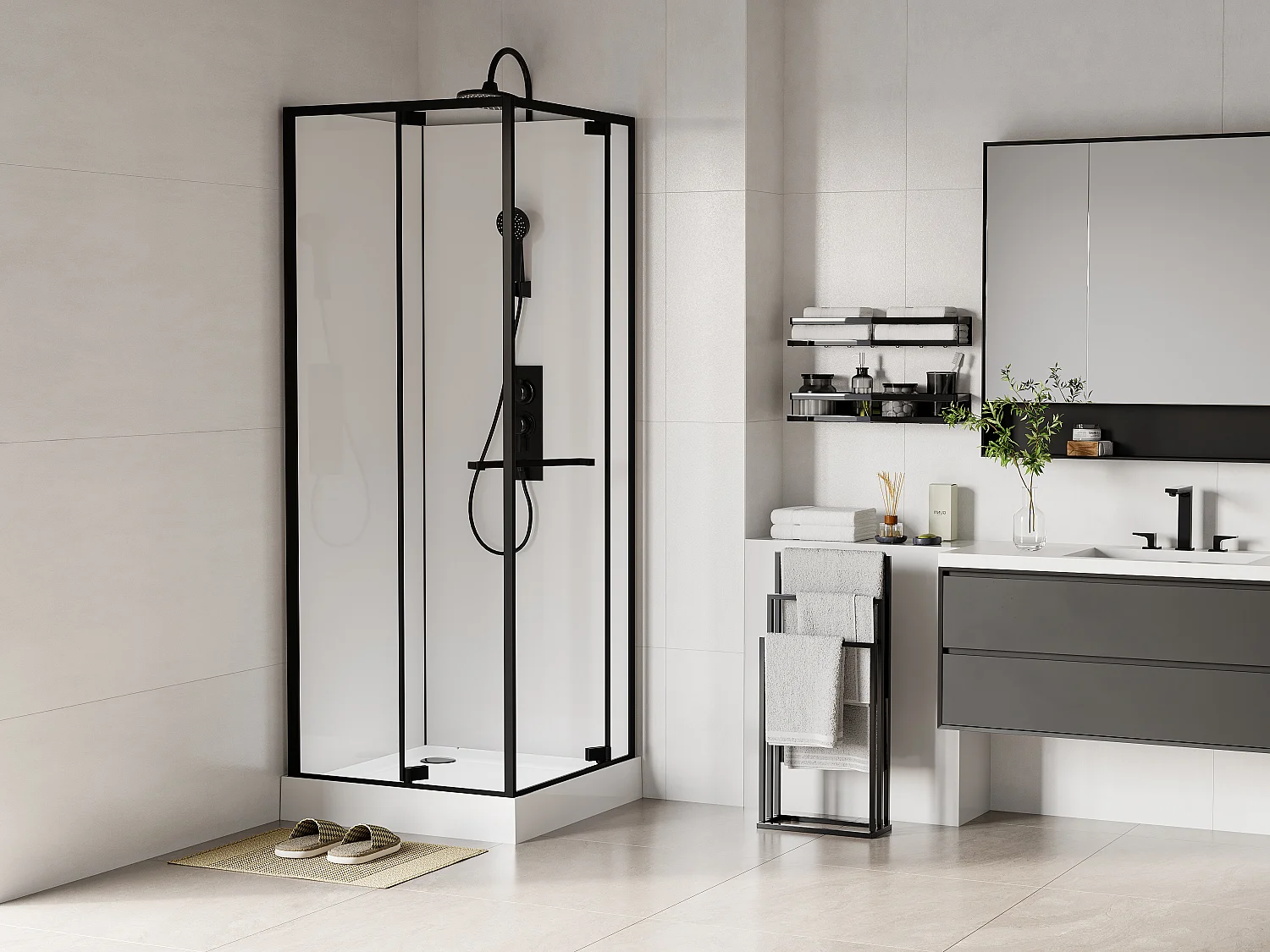 Cabina doccia installazione reversibile Altezza regolabile L80 x l80 x H213/232 cm Bianco e Nero - BADONI