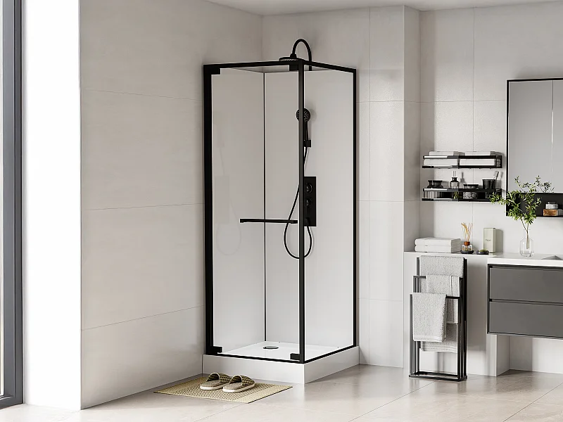 Cabine de douche installation réversible - Hauteur ajustable - Blanc et noir - L80 x l80 x H209/225 cm - BADONI