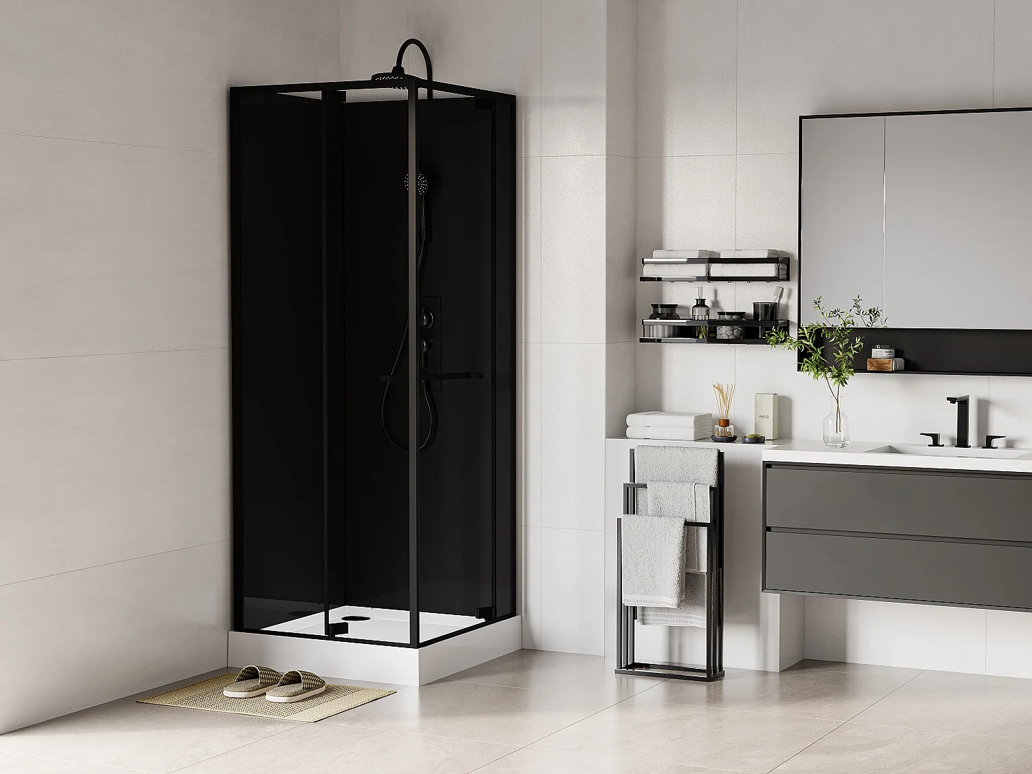 Cabine de douche installation réversible - Hauteur ajustable - Noir - L80 x l80 x H209/229 cm - BADONI