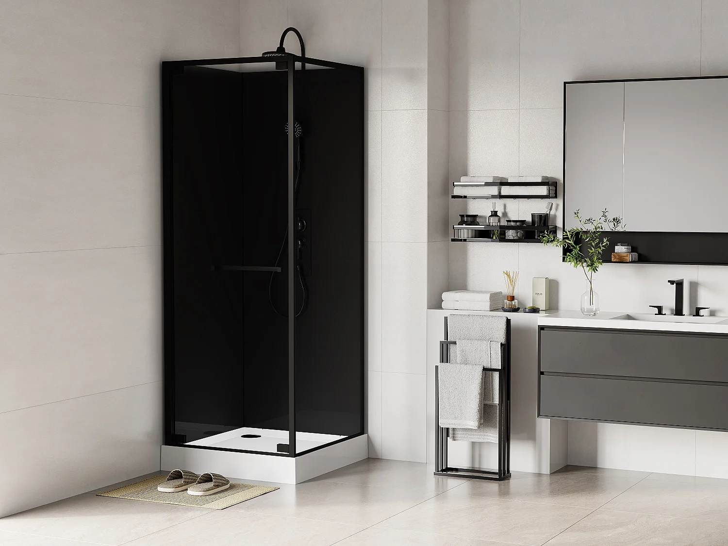 Cabine de douche installation réversible - Hauteur ajustable - Noir - L80 x l80 x H209/229 cm - BADONI