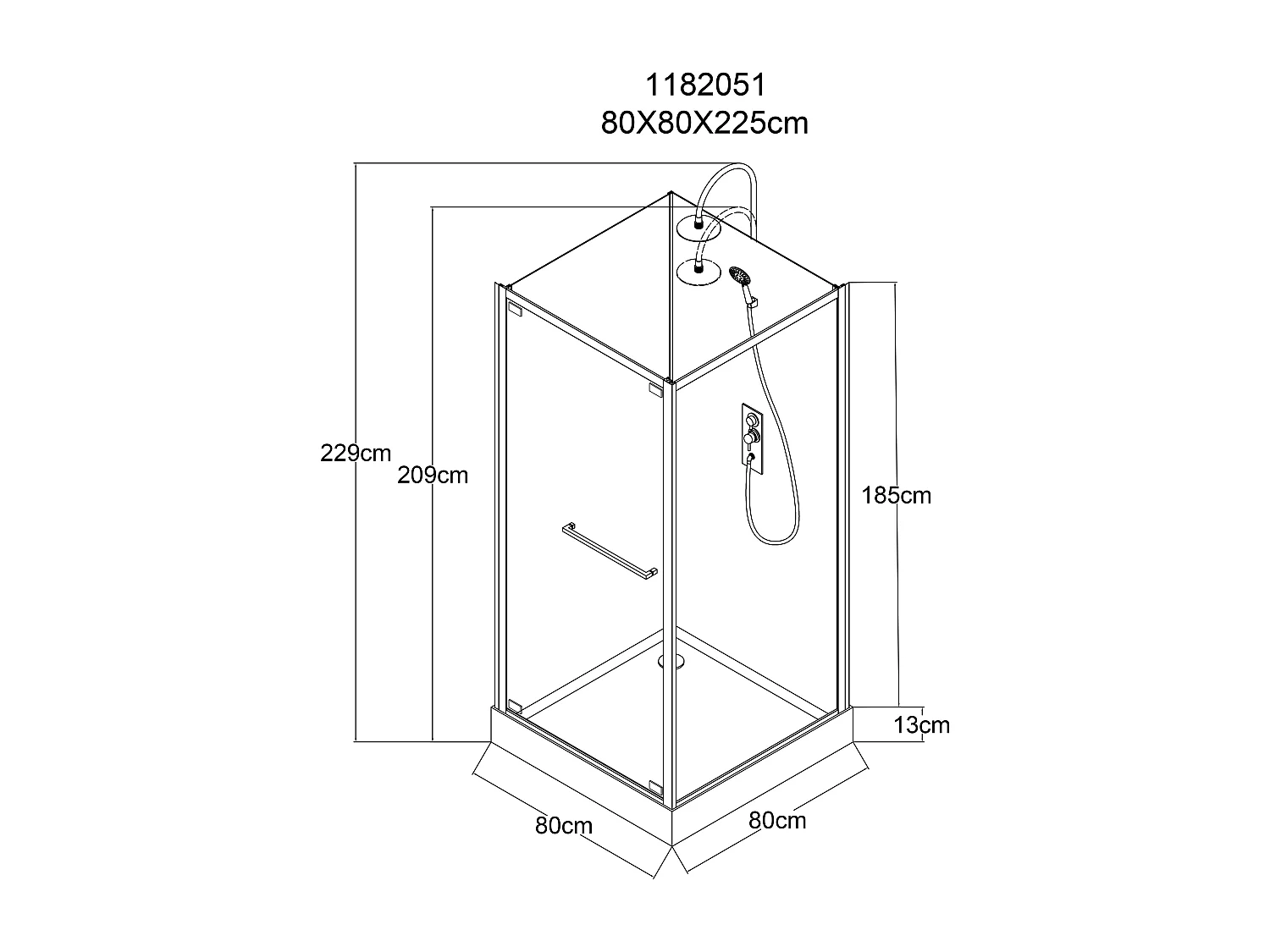 Cabine de douche installation réversible - Hauteur ajustable - Noir - L80 x l80 x H209/229 cm - BADONI