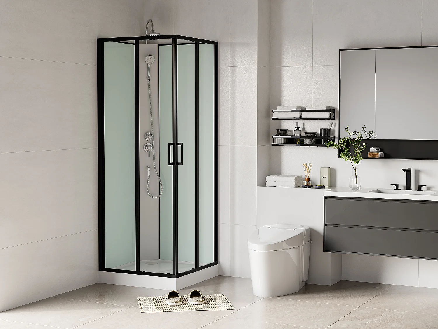 Cabine de douche carrée - Noir et blanc - L80 x L80 x H220 cm - SAMABI