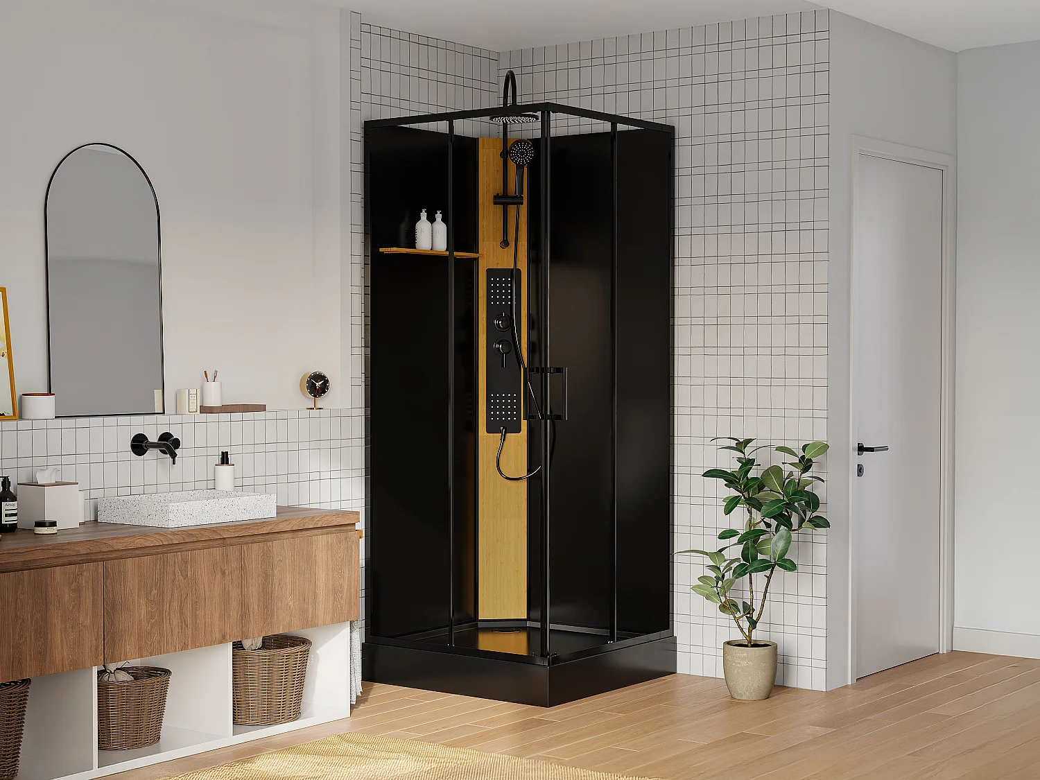 Duschkabine mit Hydromassage quadratisch - Duschpaneel aus Bambus - Schwarz - 90 x 90 x 225 cm - DESULO