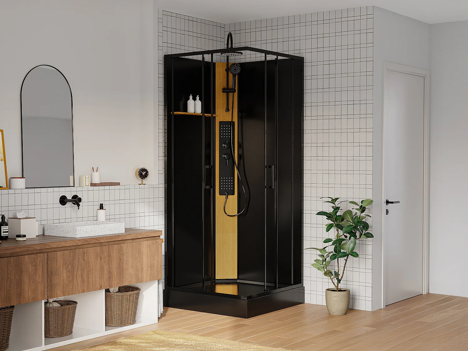 Duschkabine mit Hydromassage quadratisch - Duschpaneel aus Bambus - Schwarz - 90 x 90 x 225 cm - DESULO