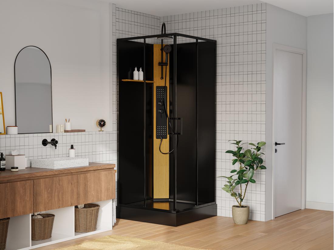 vente unique Cabine de douche hydromassante carrée avec panneau en bambou - Noir - L90 x l90 x H225 cm - DESULO