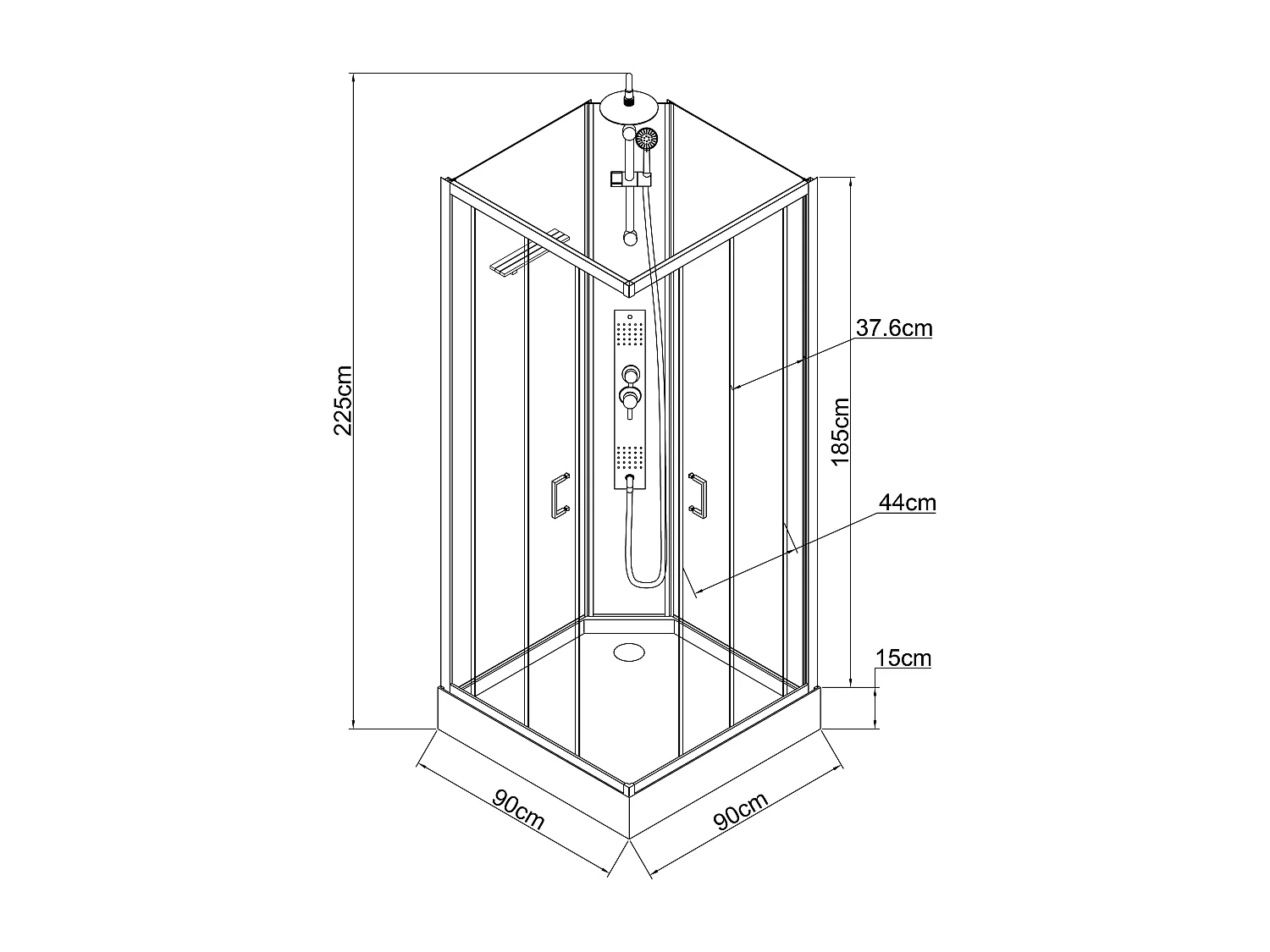 Cabine de duche de hidromassagem quadrada com painel em bambu preto C90 x L90 x A225 cm - DESULO