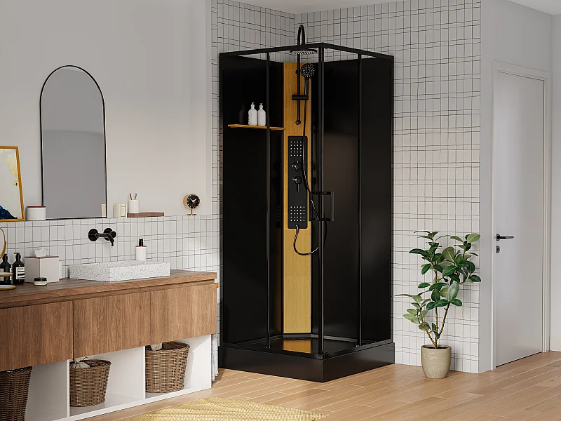 Box doccia idromassaggio quadrato L90 x l90 x H225 cm con pannello in Bambù Nero - DESULO