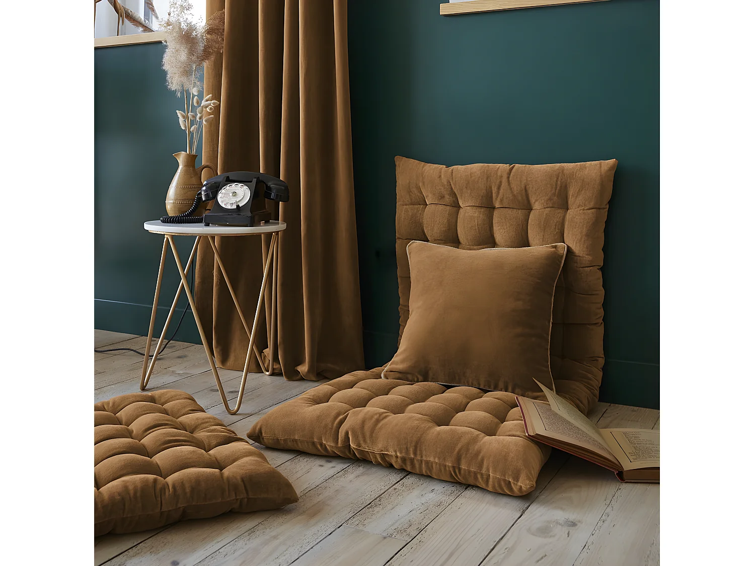 HARRIS - Matelas de Sol 60x120cm Velours de Coton Capitonné Coloris Camel