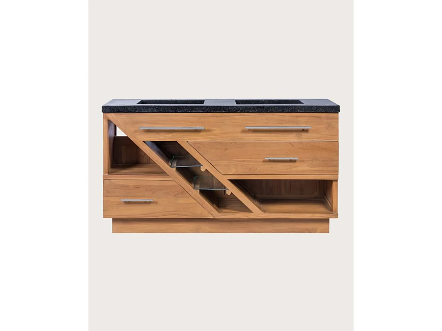 Diva - Meuble salle de bain en teck et marbre terrazzo noir 145 cm