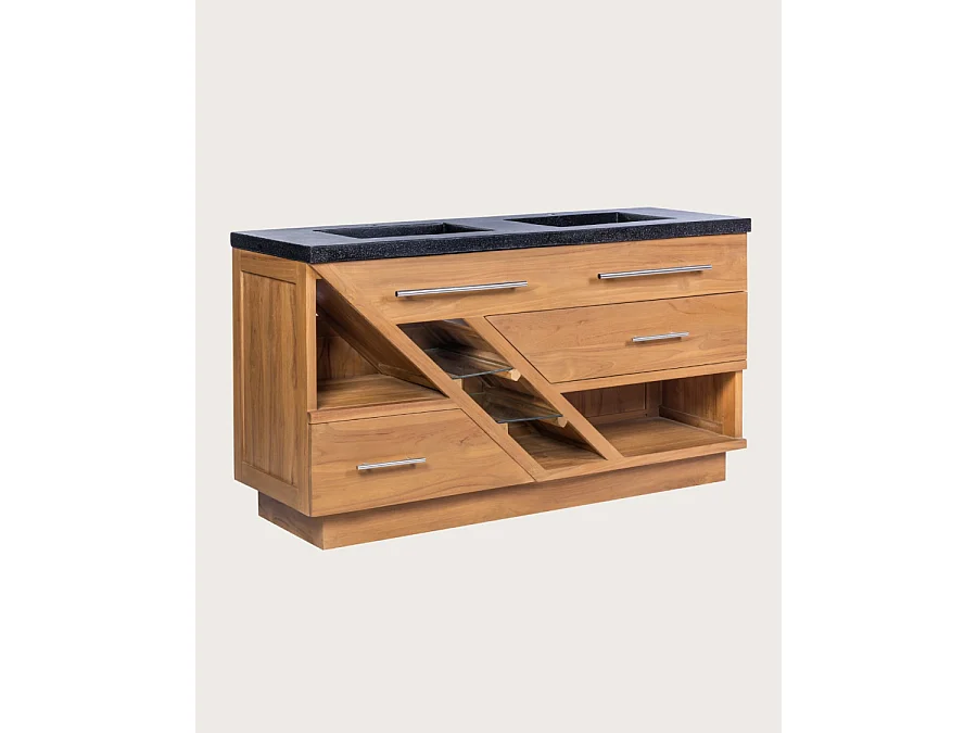 Diva - Meuble salle de bain en teck et marbre terrazzo noir 145 cm