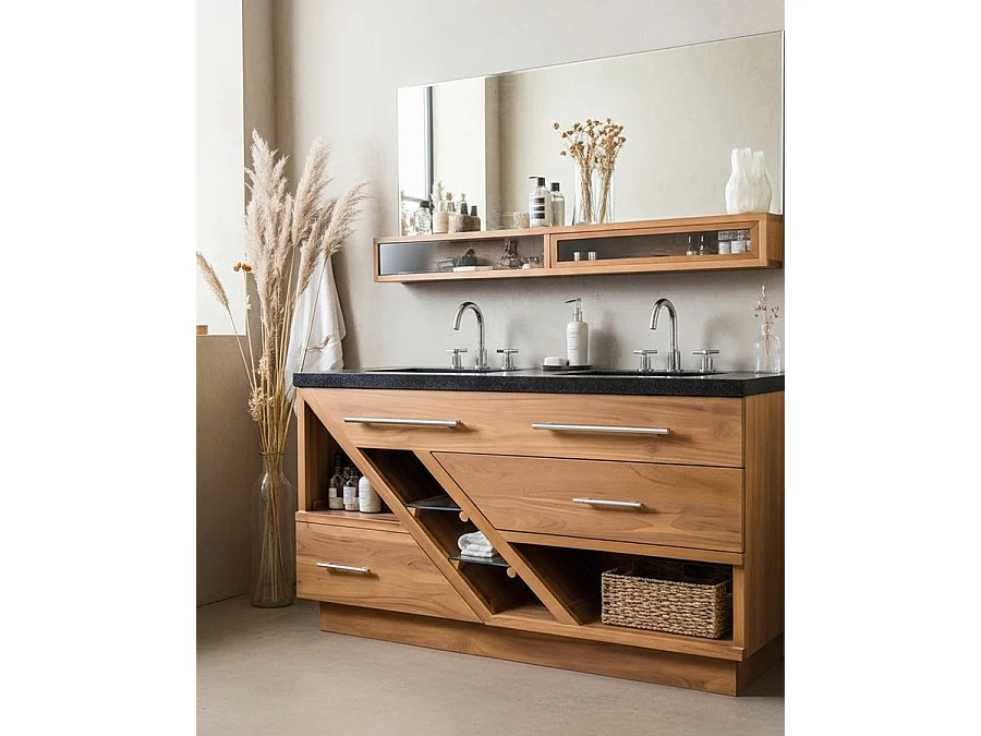 Mueble de baño Diva en teca y mármol terrazo negro, 145 cm