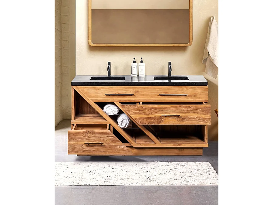 Mueble de baño Diva en teca y mármol terrazo negro, 145 cm