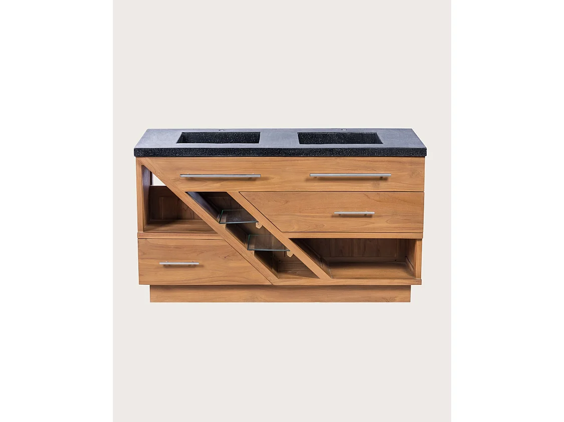 Mueble de baño Diva en teca y mármol terrazo negro, 145 cm