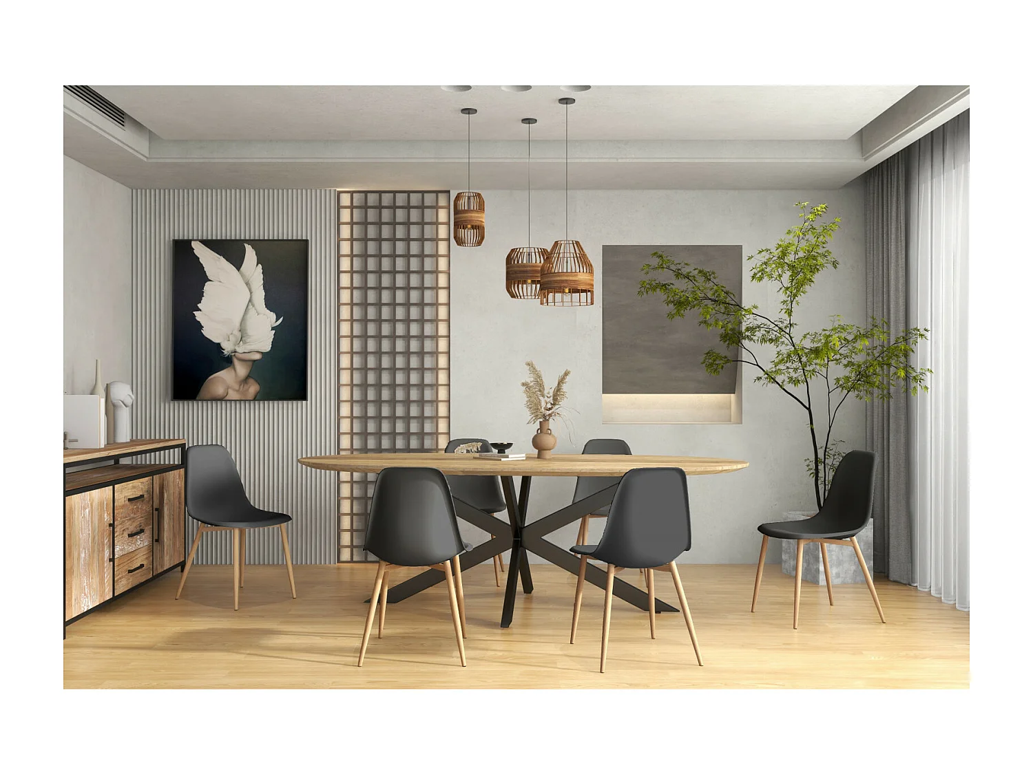 ESTER-Chaise Coque Noire et métal chêne (x2)