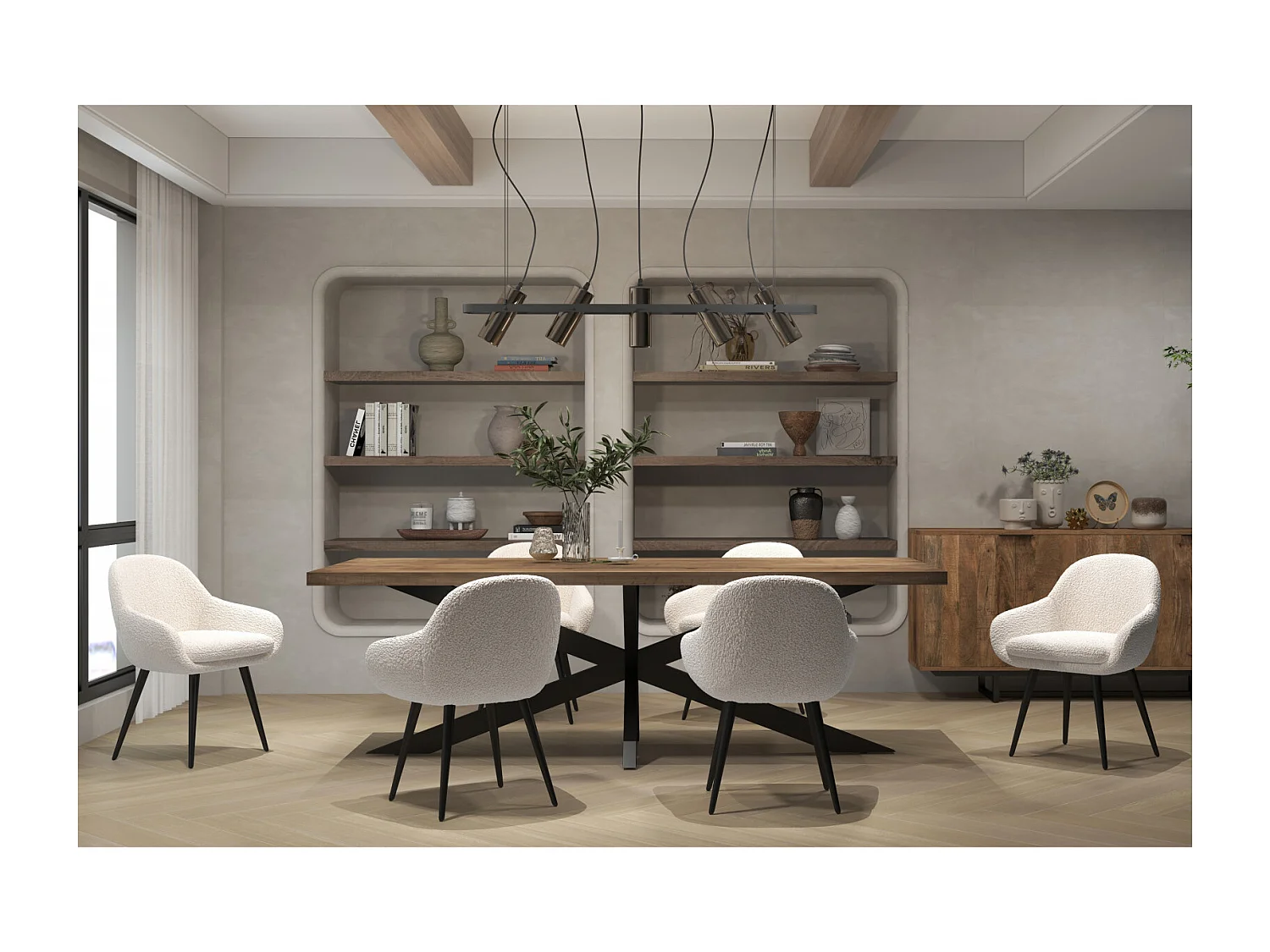 CANCUN-Sedia in tessuto Ecru e gambe in metallo nero (x2)