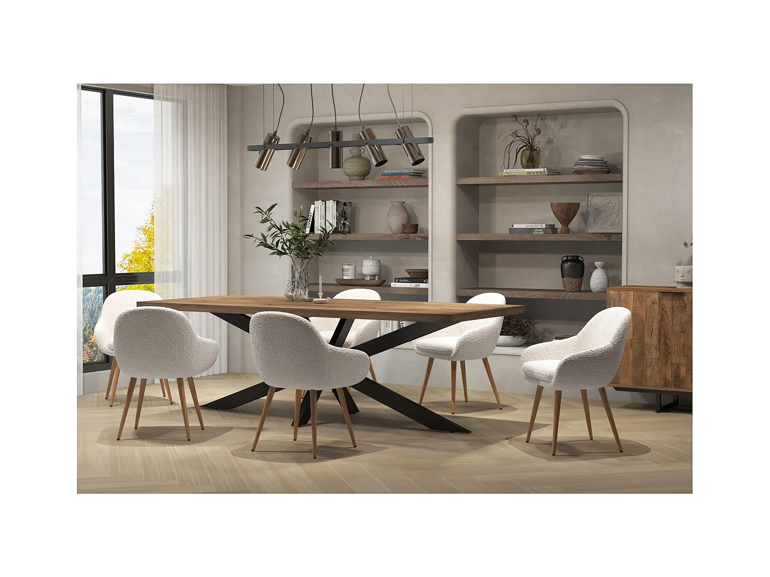 CANCUN-Sedia in tessuto Ecru e gambe con decoro legno (x2)