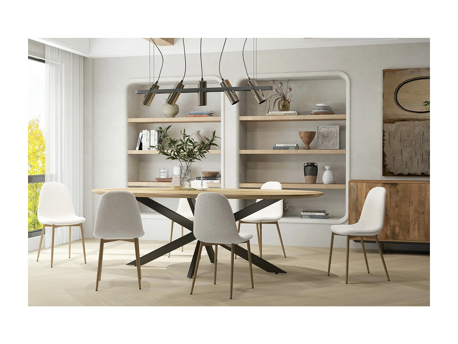 SALLY-Chaise en tissu bouclette Ecru et métal bois (x4)