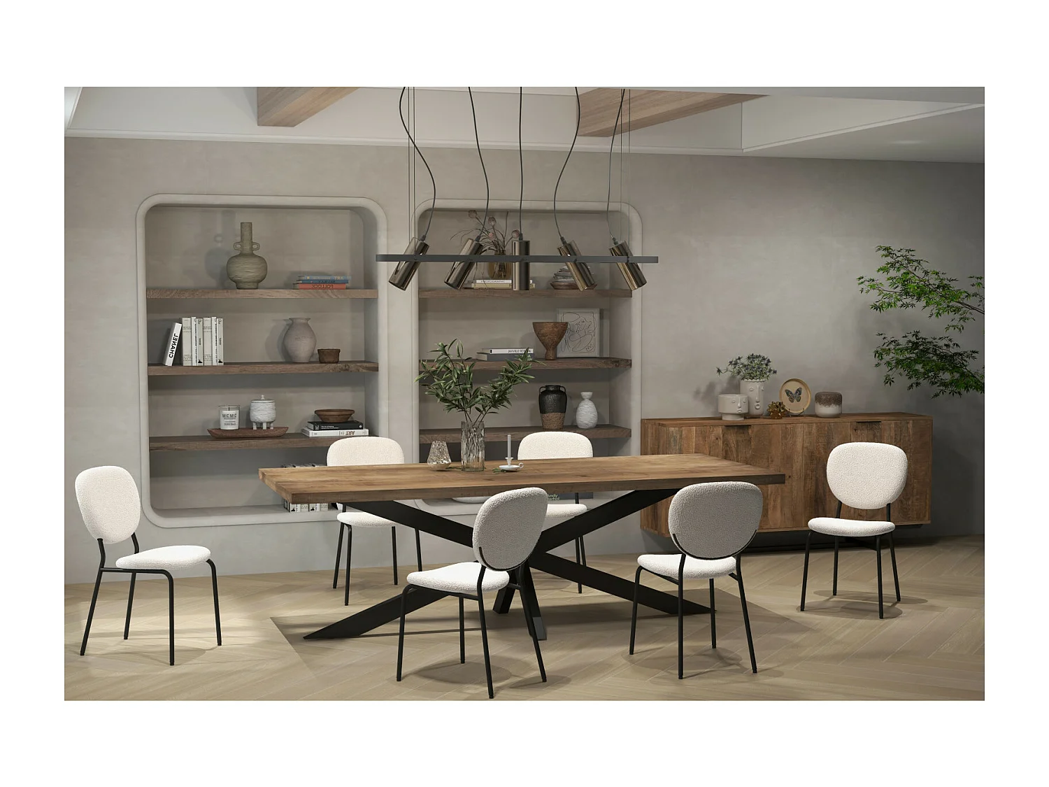 ANAIS-Chaise en tissu bouclette Ecru et métal noir (x4)