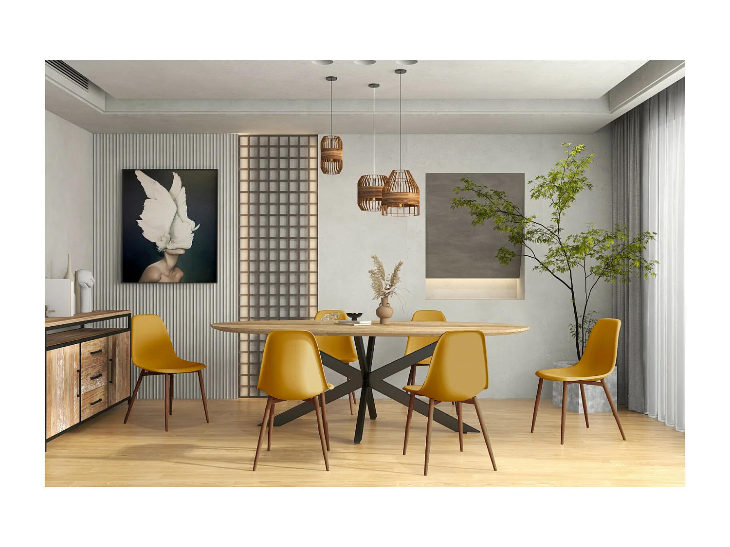 ESTER-Silla metal mostaza y nogal (x4)