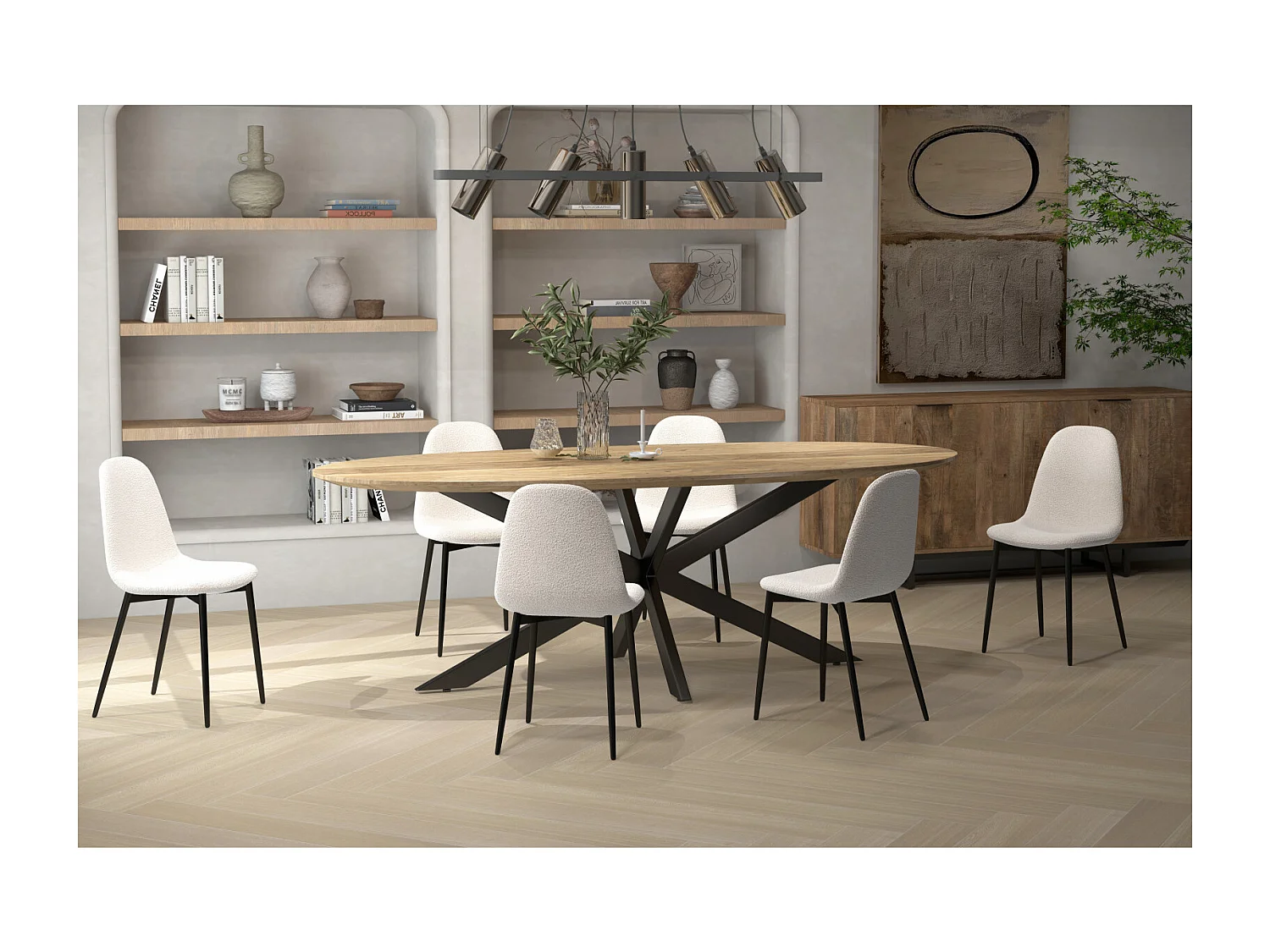 SALLY-Sedia in tessuto riccio ecru con gambe in metallo (x4)