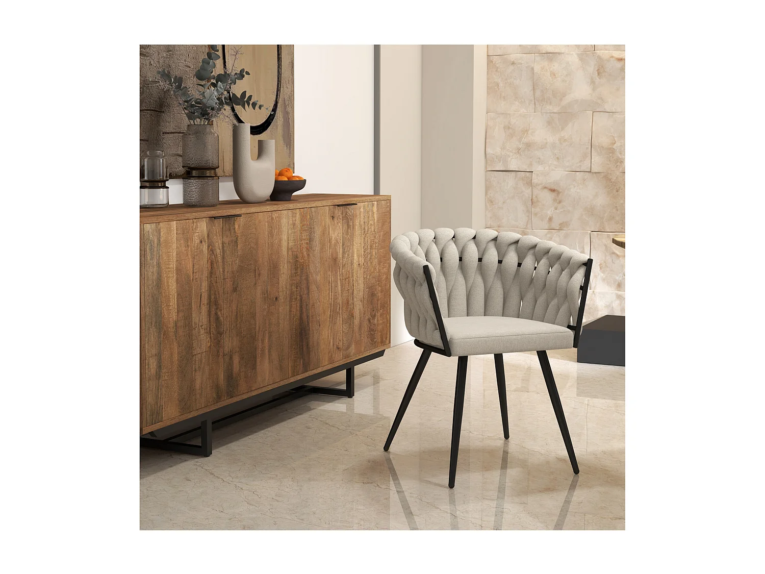 TESSA-Poltrona da tavolo crema e metallo nero (x2)