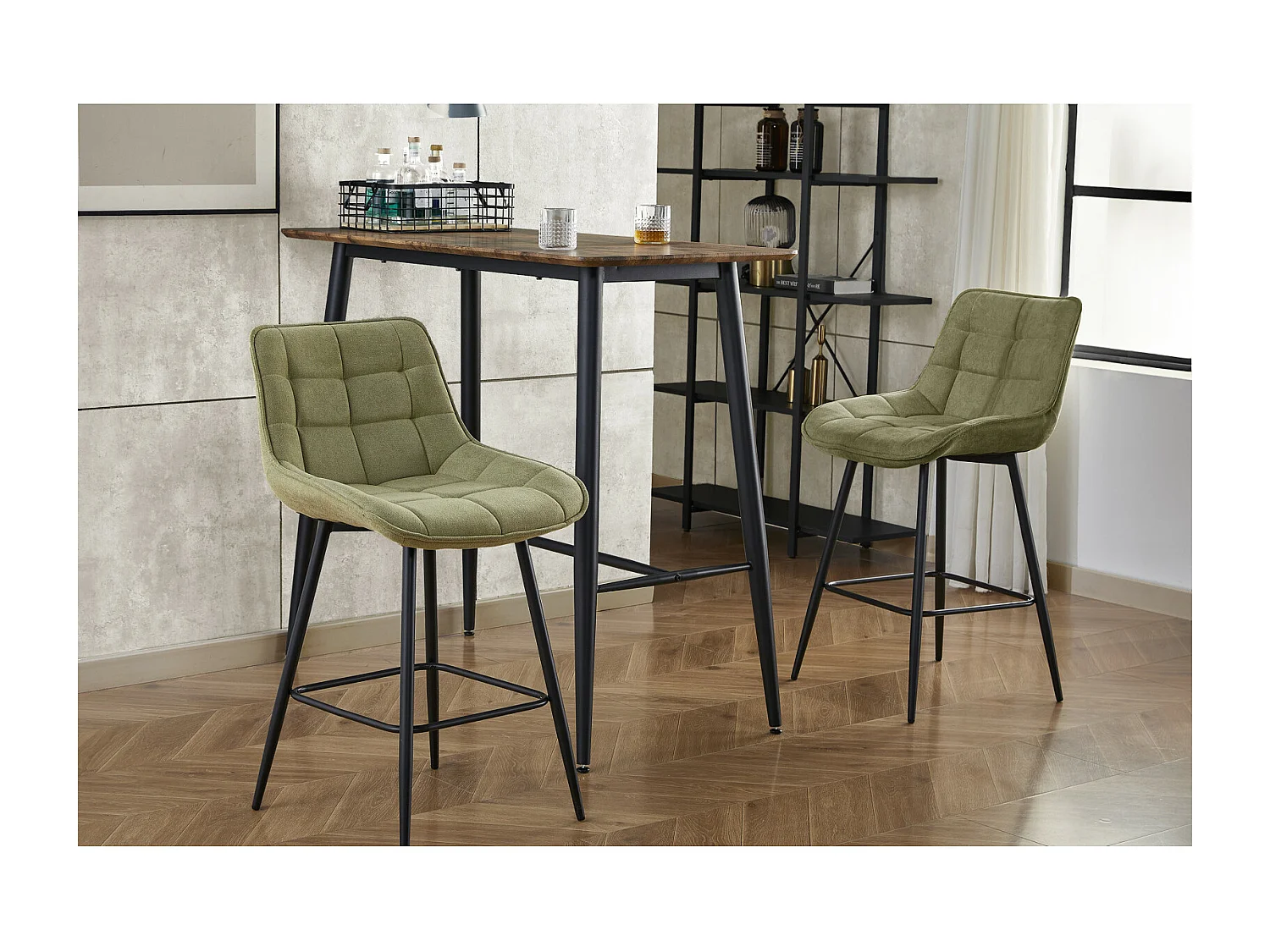 GRANT-Silla de bar de tela verde y metal negro (x4)