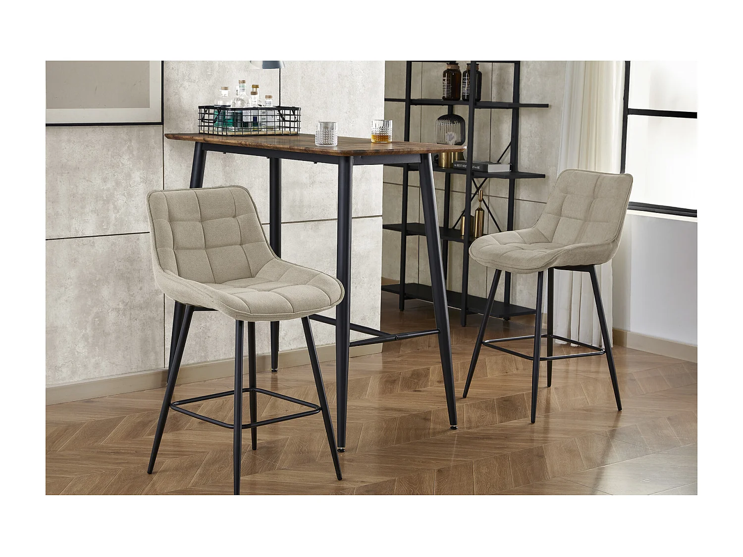 GRANT-Tabouret de bar en tissu Coloris Lin et métal noir (x4)