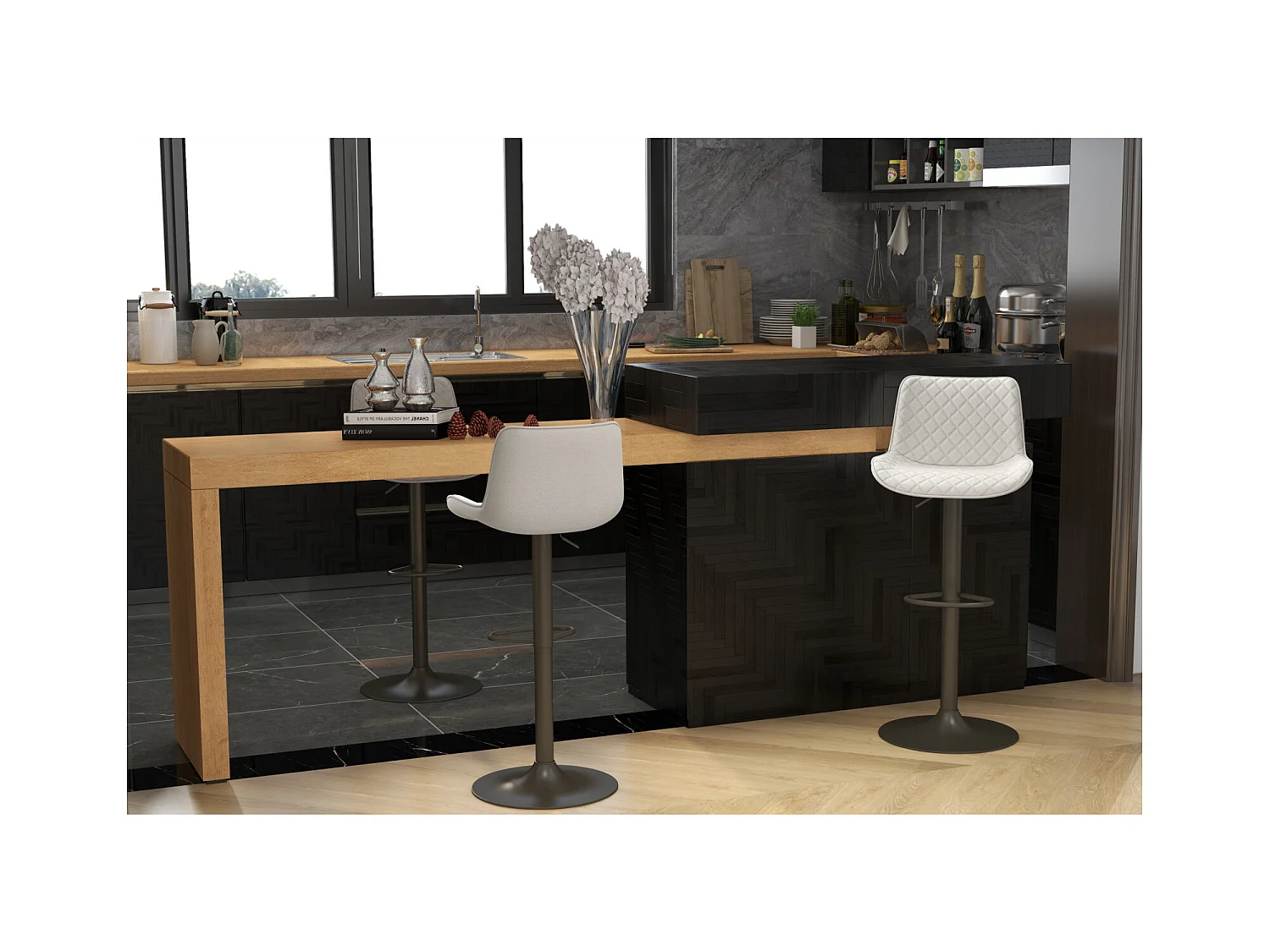 DINO-Taburete de bar en tela Coloris Lin y metal negro (x2)