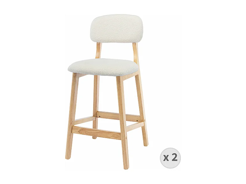 CLIFF-Tabouret de bar en tissu bouclette écru et bois naturel (x2)