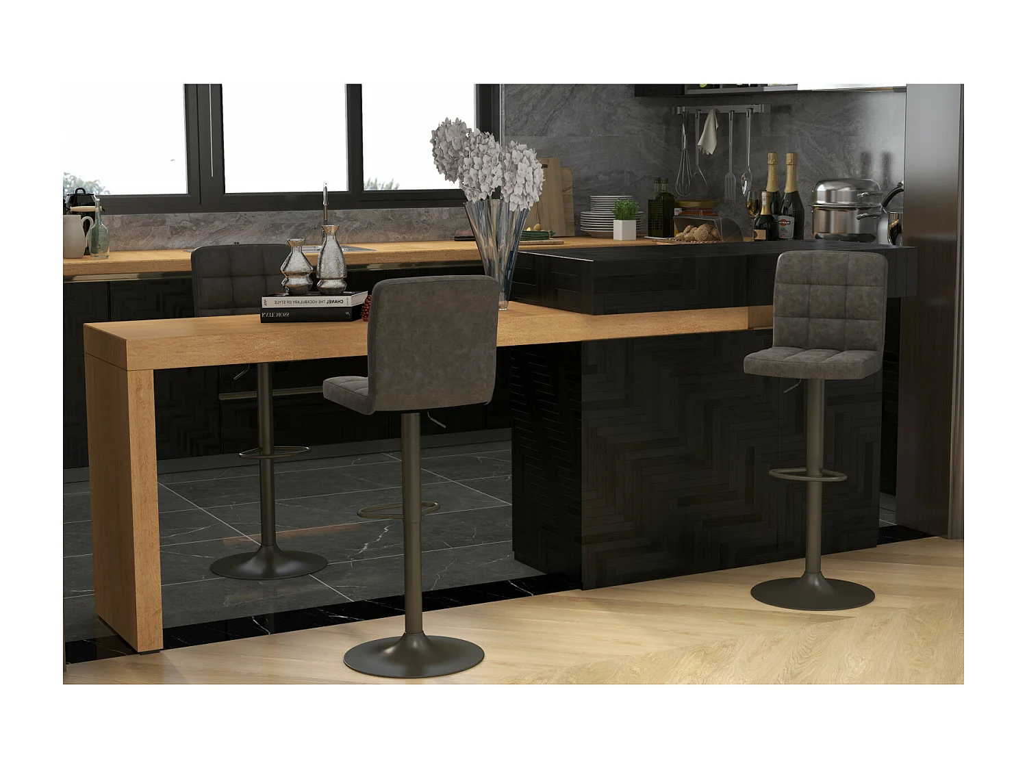 SQUAR-Taburete alto de piel sintética antracita(x2)