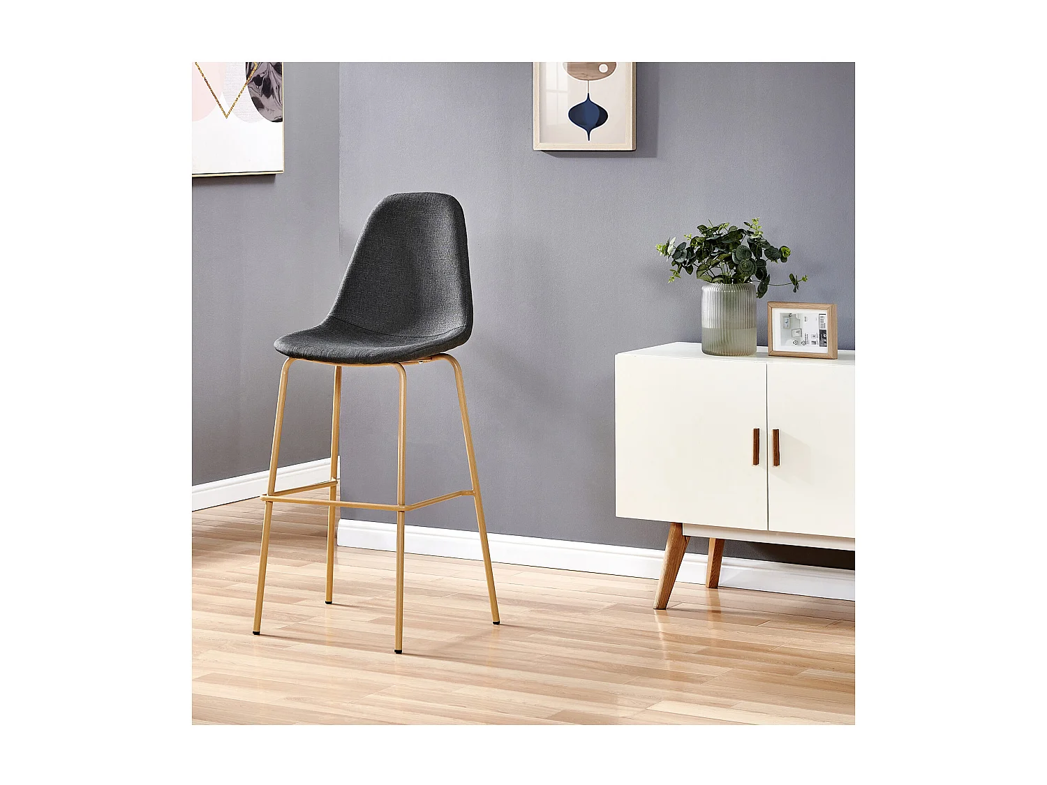 VEGAS-Taburete de bar tela gris antracita patas efecto madera (x4)