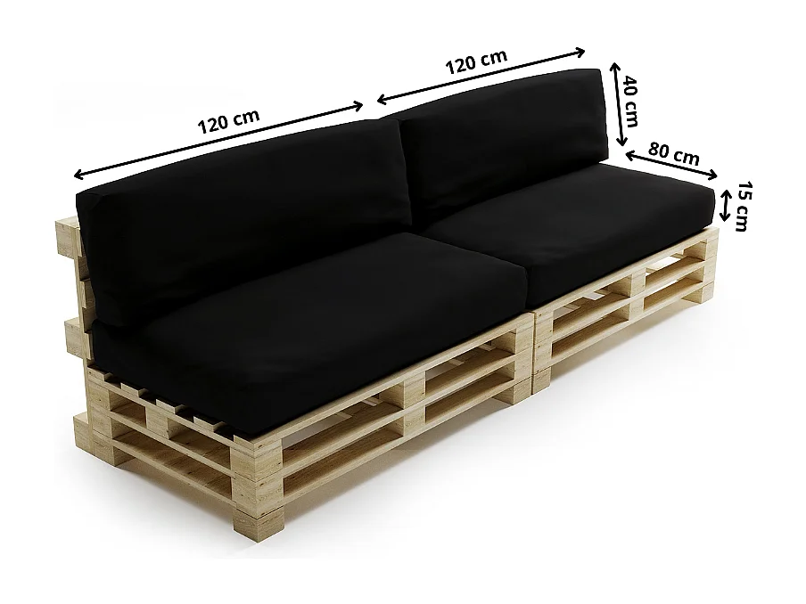 Zwart polyester pallet kussens afneembaar lot x2 BANANAIR 120x80cm/120x40cm