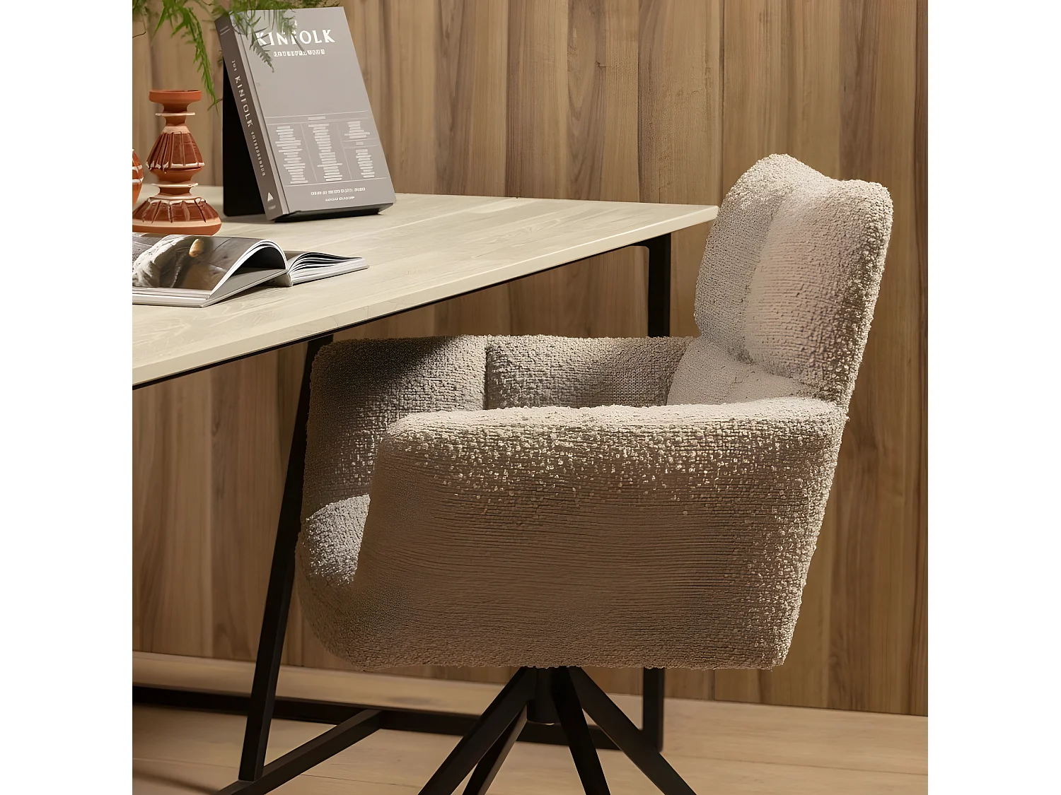 Chaise pivotante en tissu bouclé beige MYA