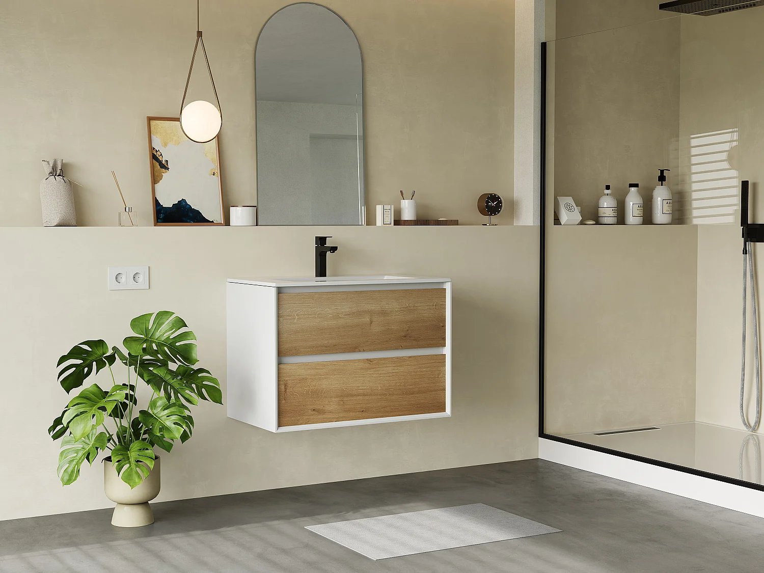 Meuble sous vasque suspendu coloris naturel et blanc - 80 cm - LANNICK