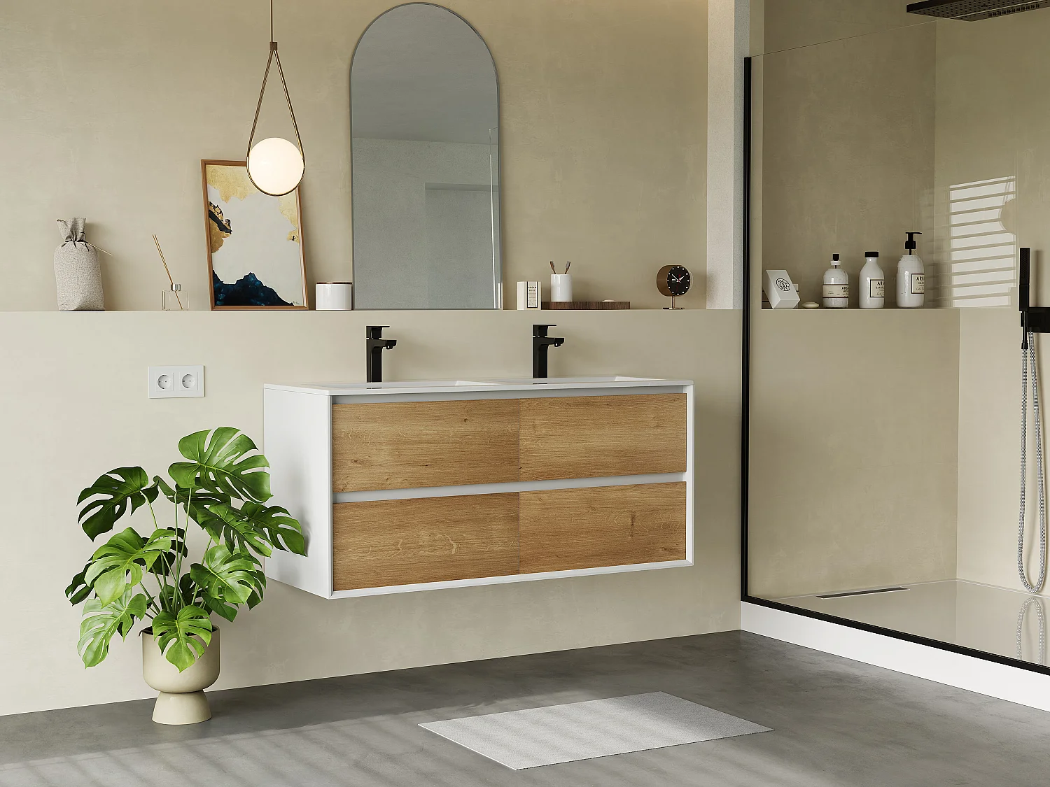 Meuble sous vasque suspendu - Coloris naturel clair et blanc - 120 cm - LANNICK