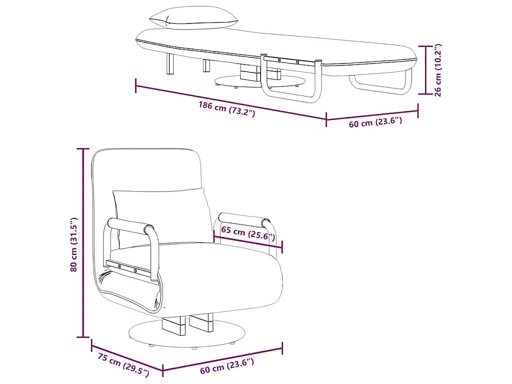 Draaistoel en slaapbank 60x75x80 cm lichtgrijs