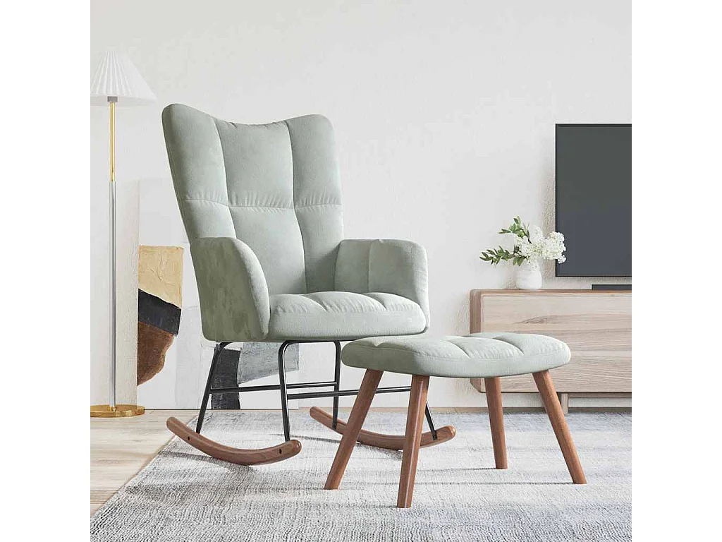 Schommelstoel met voetenbank fluweel lichtgrijs