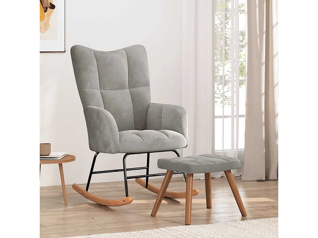 Cadeira de baloiçar com banco veludo cinzento-claro