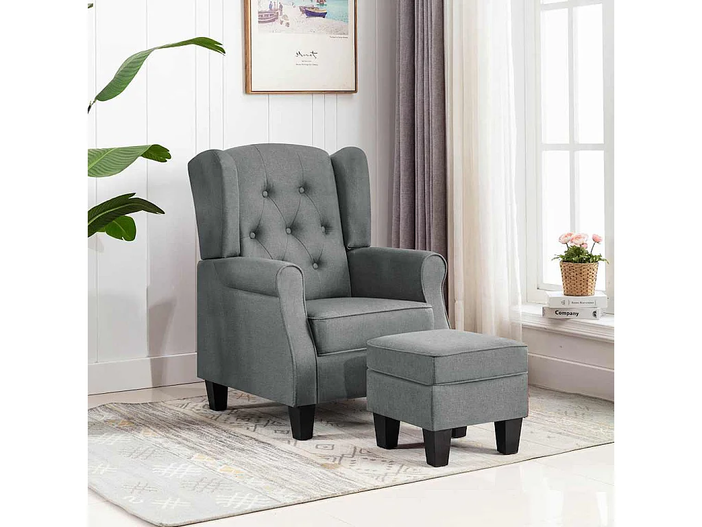 Fauteuil met voetenbankje stof lichtgrijs