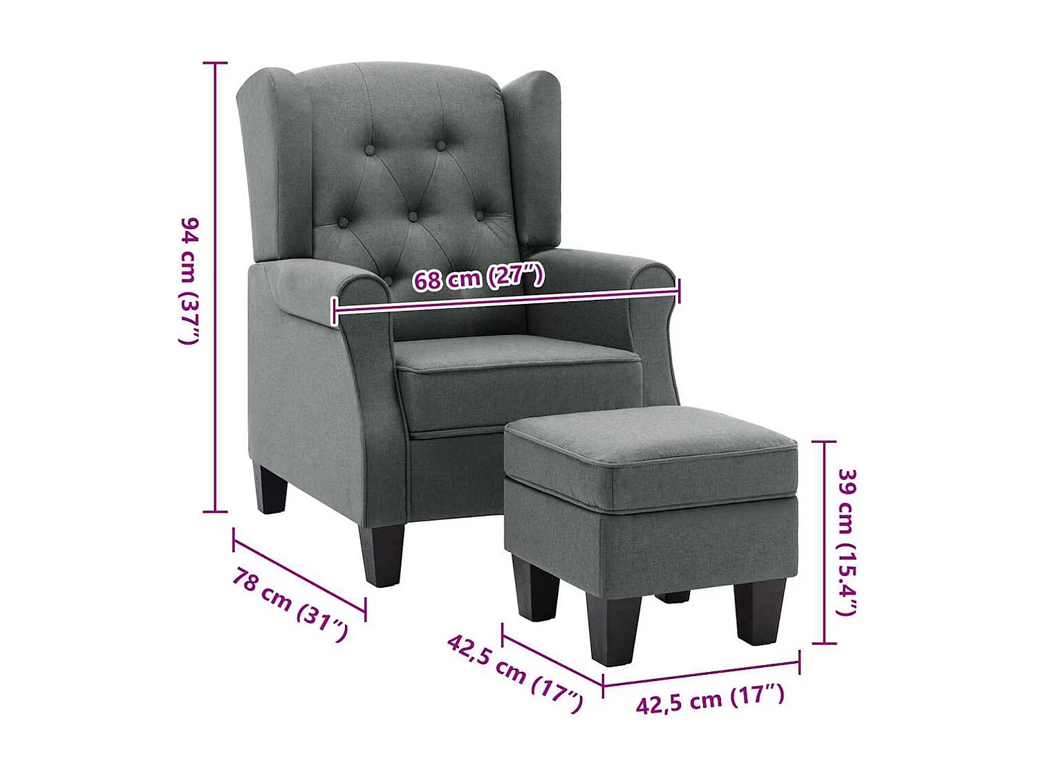 Fauteuil met voetenbankje stof lichtgrijs
