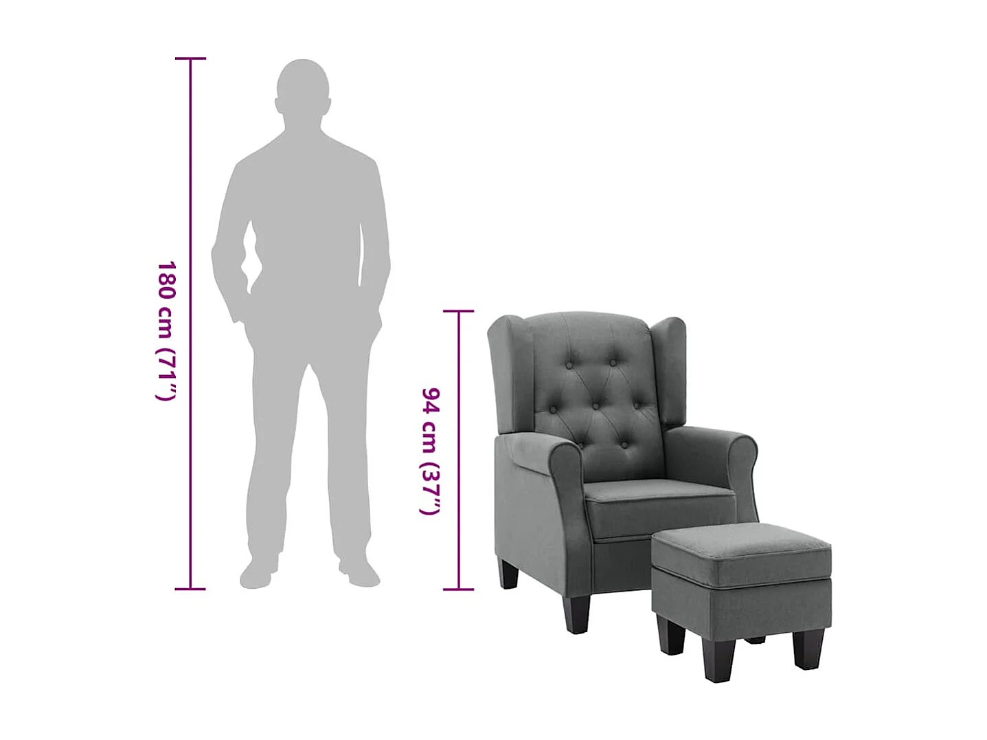 Fauteuil met voetenbankje stof lichtgrijs