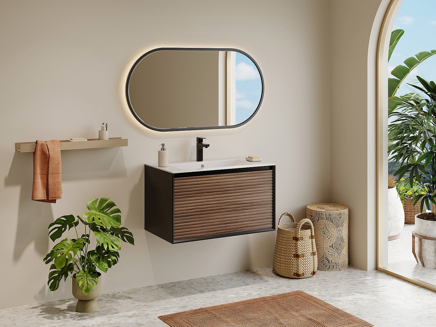 Waschbeckenunterschrank hängend - Streifenoptik - Holzfarben dunkel & Schwa günstig online kaufen