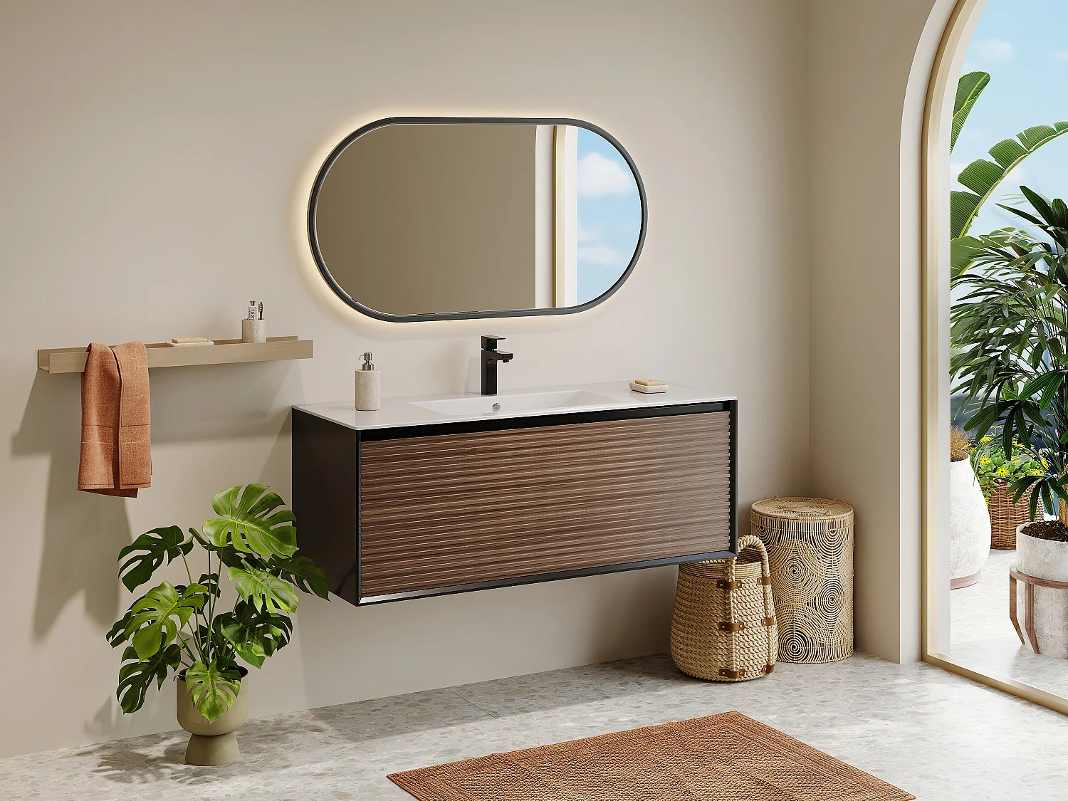 Meuble sous vasque suspendu strié - Coloris naturel foncé et noir - 120 cm - BANIVA